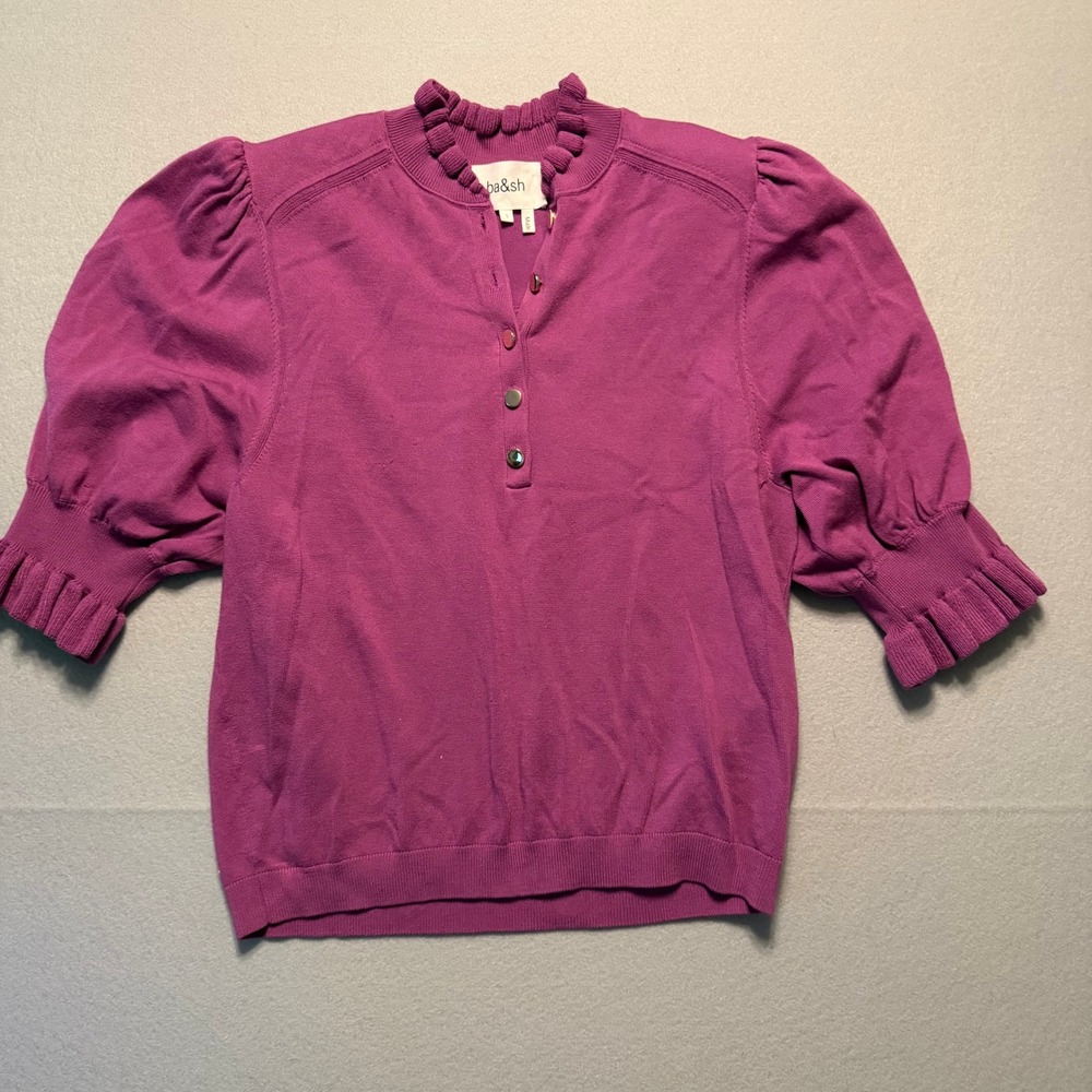 ba&sh Sera Ruffle Trim Sweater Puff Sleeve Knit Pullover Top Magenta Size S